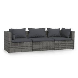 vidaXL Canap&eacute; 3 places avec coussins Gris R&eacute;sine tress&eacute;e