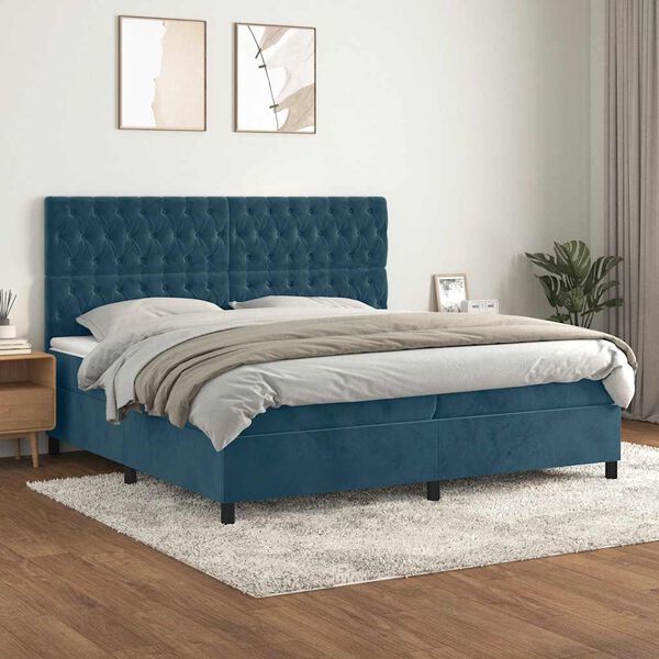 vidaXL Sommier &agrave; lattes de lit et matelas Bleu fonc&eacute; 200x200cm Velours