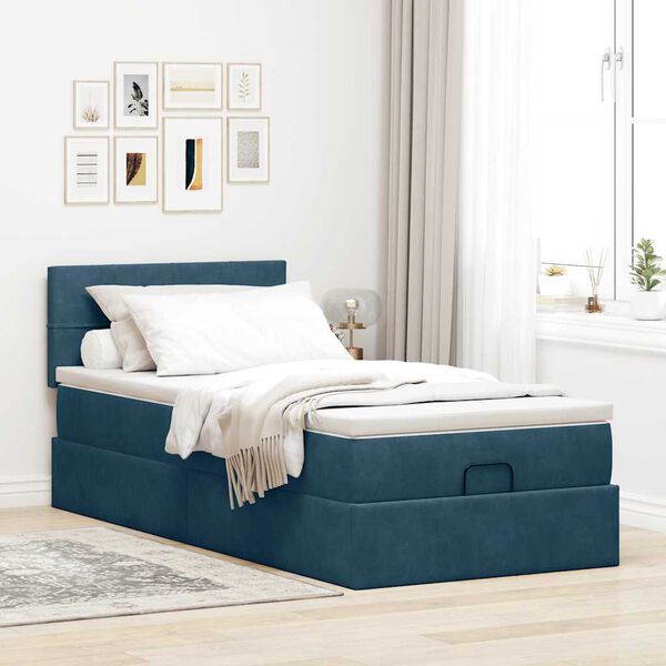 vidaXL Cadre de lit ottoman avec matelas bleu fonc&eacute; 100x200 cm velours