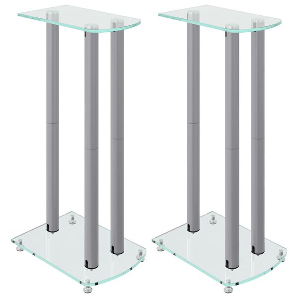 vidaXL Supports de haut-parleurs 2 pcs argent&eacute; verre tremp&eacute; 3 piliers