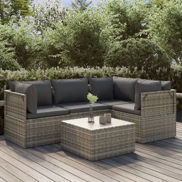 vidaXL Salon de jardin 5 pcs avec coussins Gris R&eacute;sine tress&eacute;e