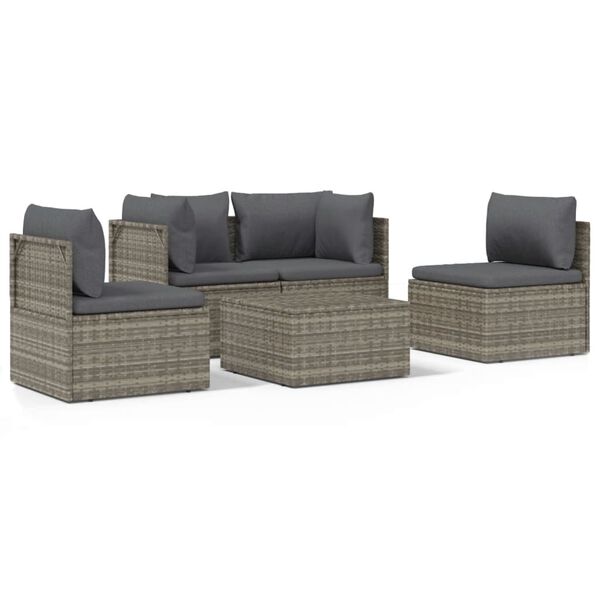 vidaXL Salon de jardin 5 pcs avec coussins Gris R&eacute;sine tress&eacute;e