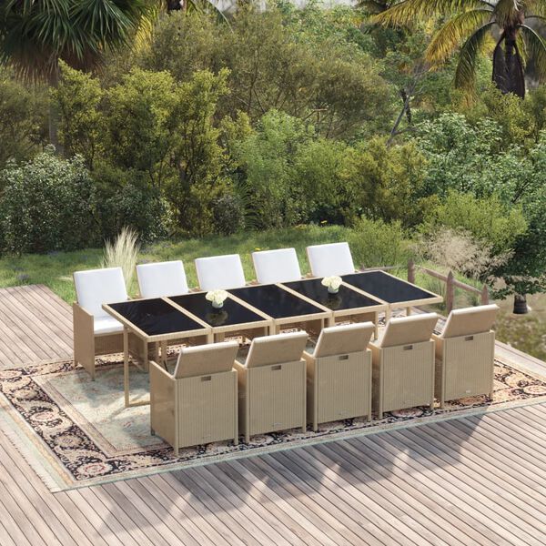 vidaXL Ensemble &agrave; manger de jardin coussins 11pcs R&eacute;sine tress&eacute;e Beige