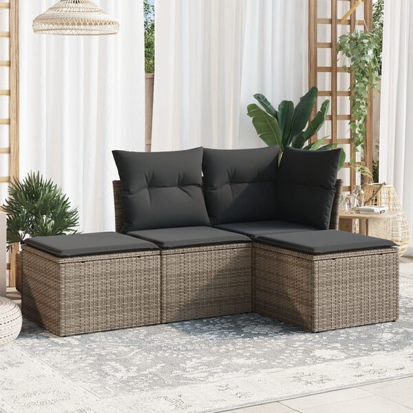 vidaXL Salon de jardin 4 pcs avec coussins gris r&eacute;sine tress&eacute;e