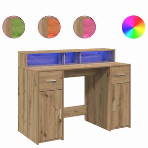 vidaXL Bureau avec lumi&egrave;res LED ch&ecirc;ne artisanal bois d'ing&eacute;nierie