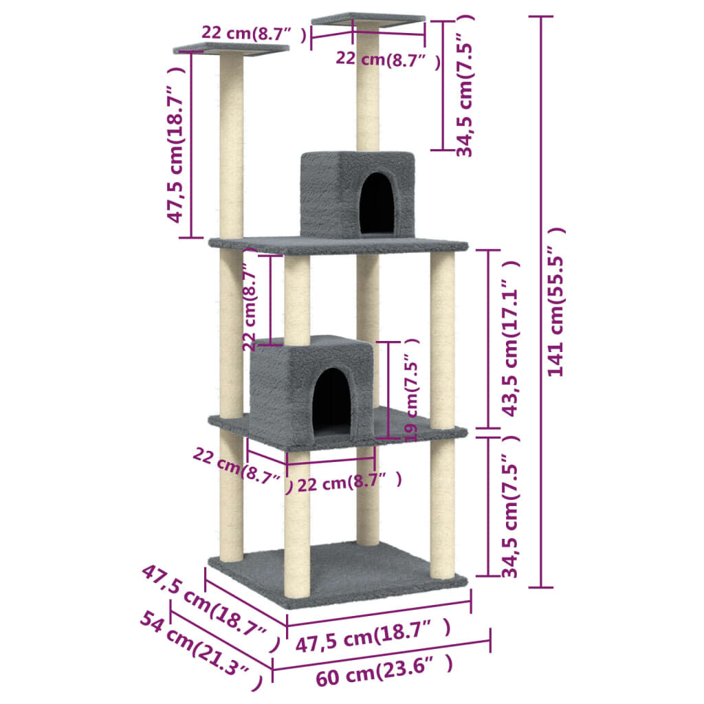 vidaXL Arbre à chat avec griffoirs en sisal Gris foncé 141 cm