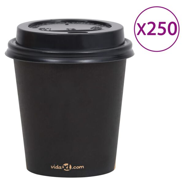vidaXL Tasses &agrave; caf&eacute; en papier avec couvercles 200 ml 250 pcs Noir