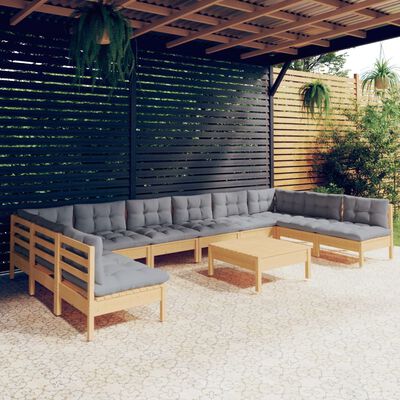 vidaXL Salon de jardin 11 pcs avec coussins gris bois de pin solide