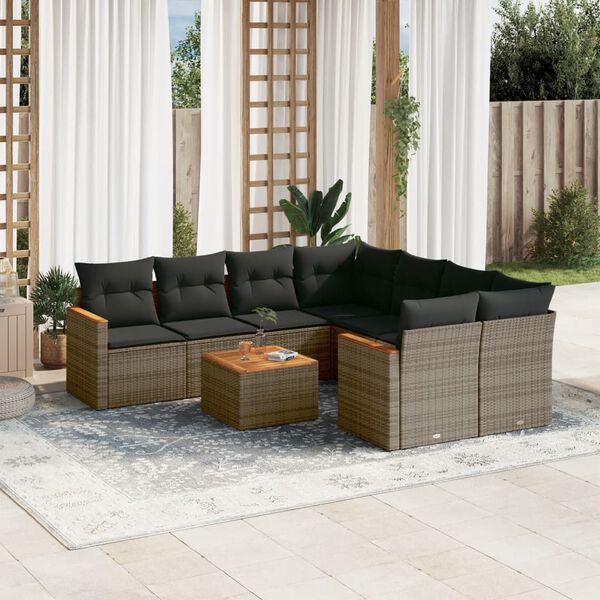 vidaXL Salon de jardin 9 pcs avec coussins gris résine tressée
