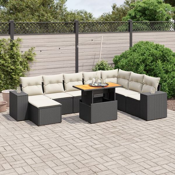 vidaXL Salon de jardin 9 pcs avec coussins noir r&eacute;sine tress&eacute;e