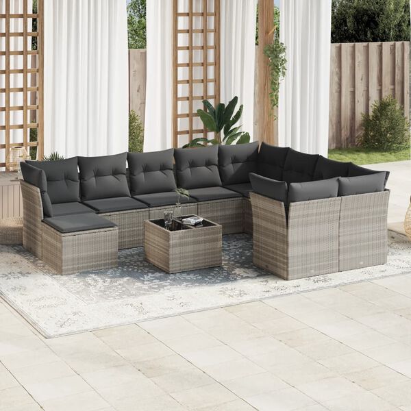 vidaXL Salon de jardin 11 pcs avec coussins gris clair r&eacute;sine tress&eacute;e