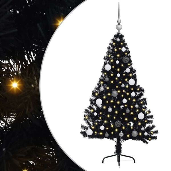 vidaXL Sapin de No&euml;l artificiel pr&eacute;-&eacute;clair&eacute; Noir 150 cm PVC