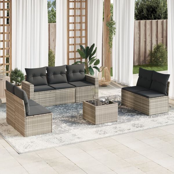 vidaXL Salon de jardin 8 pcs avec coussins gris clair r&eacute;sine tress&eacute;e