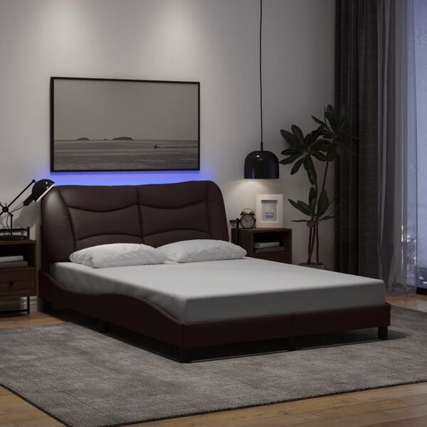 vidaXL Cadre de lit avec LED sans matelas Hvar marron fonc&eacute; 140x200cm tissu