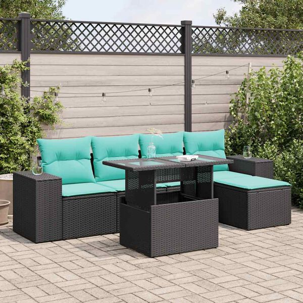 vidaXL Salon de jardin 6 pcs avec coussins noir r&eacute;sine tress&eacute;e acacia