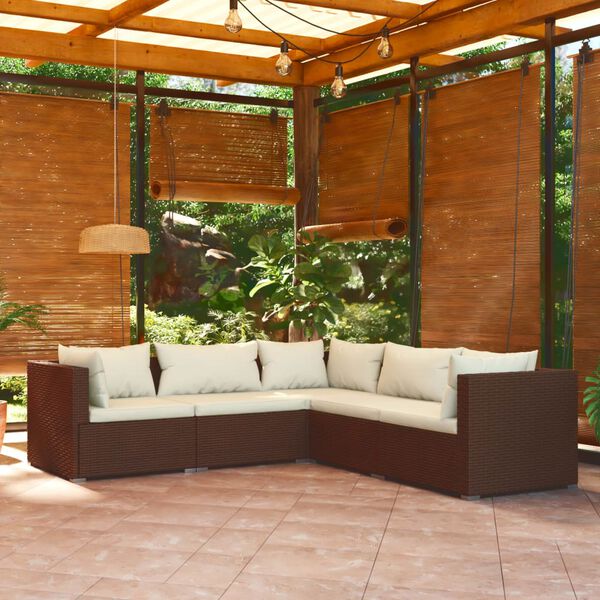 vidaXL Salon de jardin 5 pcs avec coussins R&eacute;sine tress&eacute;e Marron