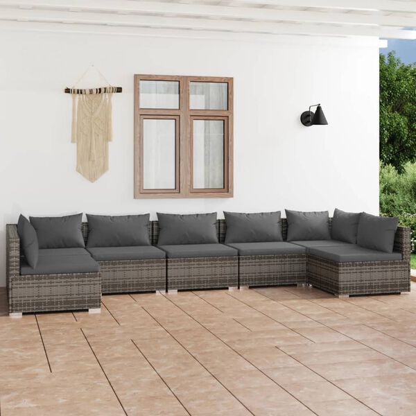 vidaXL Salon de jardin 7 pcs avec coussins R&eacute;sine tress&eacute;e Gris
