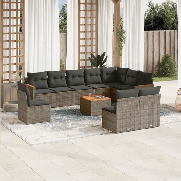 vidaXL Salon de jardin 11 pcs avec coussins gris r&eacute;sine tress&eacute;e