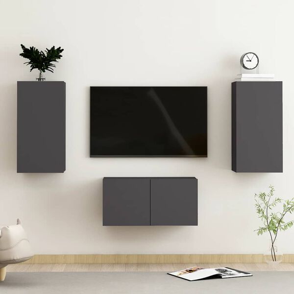 vidaXL Ensemble de meubles TV 3 pcs Gris Bois d&rsquo;ing&eacute;nierie