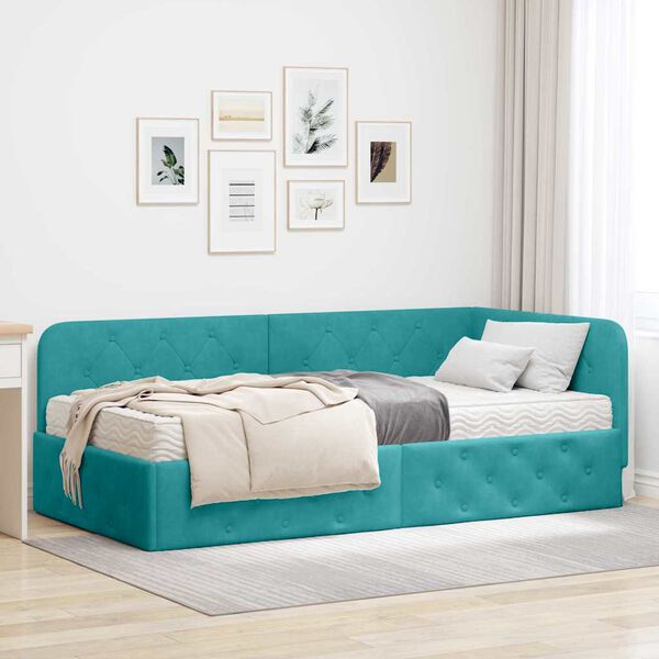 vidaXL Cadre de lit d'angle avec matelas Turquoise 90 x 190 cm Velours