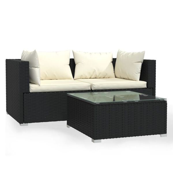 vidaXL Salon de jardin 3 pcs avec coussins Noir R&eacute;sine tress&eacute;e