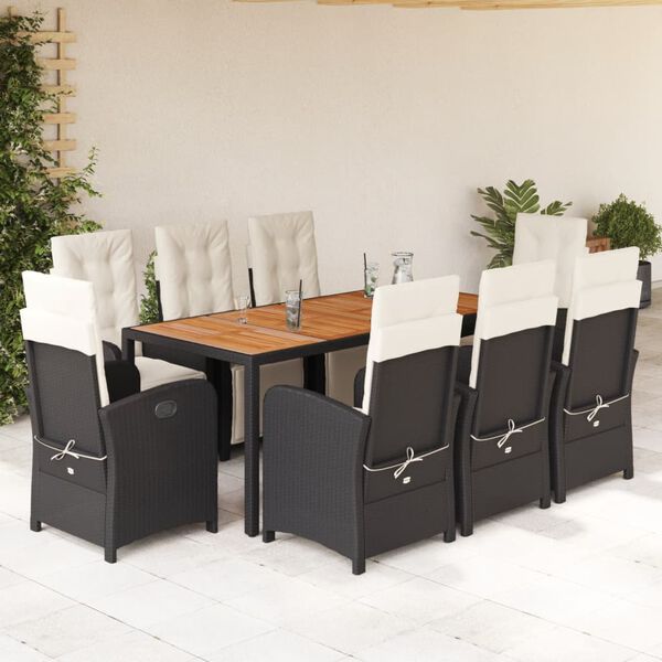 vidaXL Ensemble &agrave; manger de jardin 9pcs coussins noir r&eacute;sine tress&eacute;e