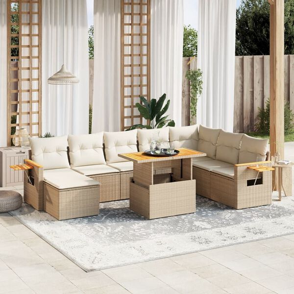 vidaXL Salon de jardin avec coussins 9 pcs beige r&eacute;sine tress&eacute;e