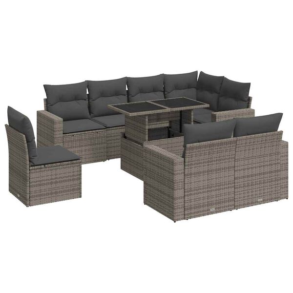 vidaXL Salon de jardin 9 pcs avec coussins gris r&eacute;sine tress&eacute;e