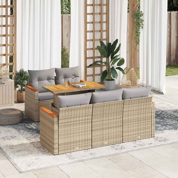vidaXL Salon de jardin 6 pcs avec coussins beige résine tressée acacia