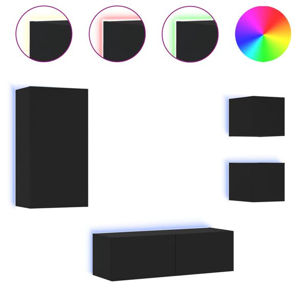 vidaXL Meuble TV muraux 4 pcs avec lumi&egrave;res LED noir