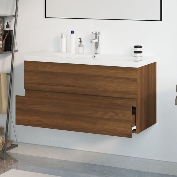 vidaXL Meuble lavabo avec bassin int&eacute;gr&eacute; Ch&ecirc;ne brun Bois d'ing&eacute;nierie