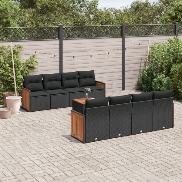vidaXL Salon de jardin 9 pcs avec coussins noir r&eacute;sine tress&eacute;e