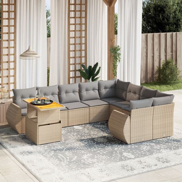 vidaXL Salon de jardin avec coussins 10 pcs beige résine tressée