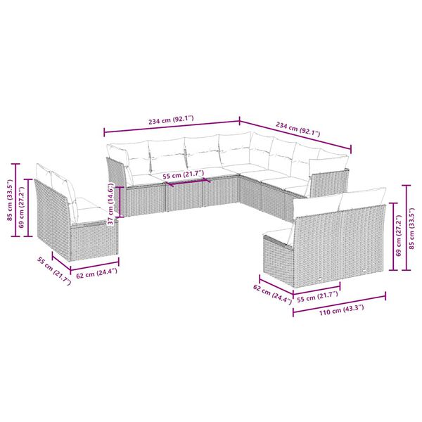 vidaXL Salon de jardin 11 pcs avec coussins gris clair résine tressée