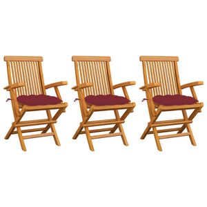 vidaXL Chaises pliantes avec coussins rouge vin, 3 pi&egrave;ces, en teck massif