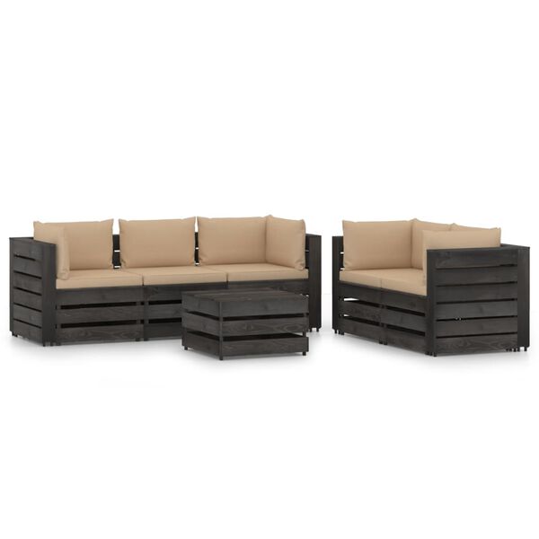 vidaXL Salon de jardin 6 pcs avec coussins Bois impr&eacute;gn&eacute; de gris