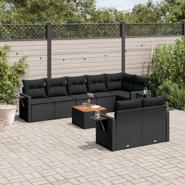 vidaXL Salon de jardin 9 pcs avec coussins noir r&eacute;sine tress&eacute;e