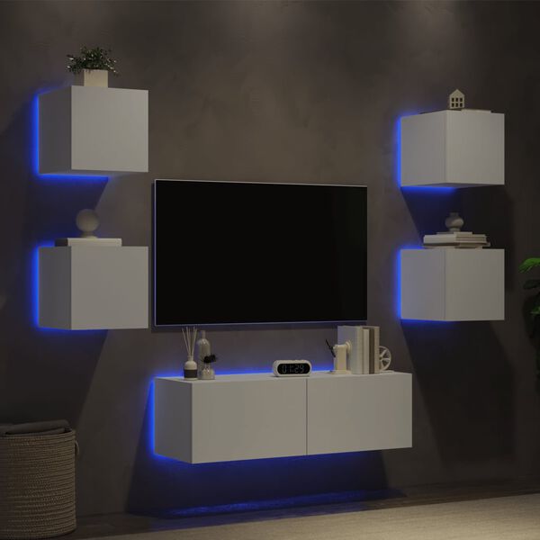 vidaXL Meuble TV muraux 5 pcs avec lumi&egrave;res LED blanc