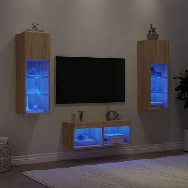 vidaXL Meuble TV muraux 4 pcs avec lumi&egrave;res LED ch&ecirc;ne sonoma