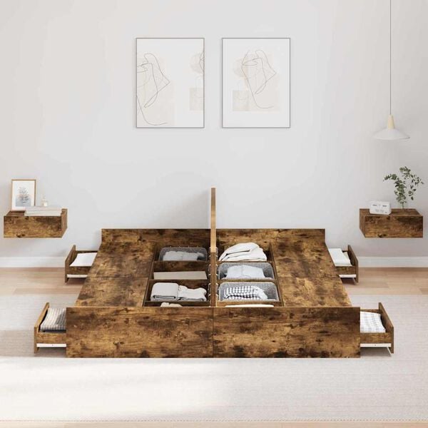 vidaXL Cadre de lit avec rangement avec tiroir Ch&ecirc;ne fum&eacute; 140 x 190 cm