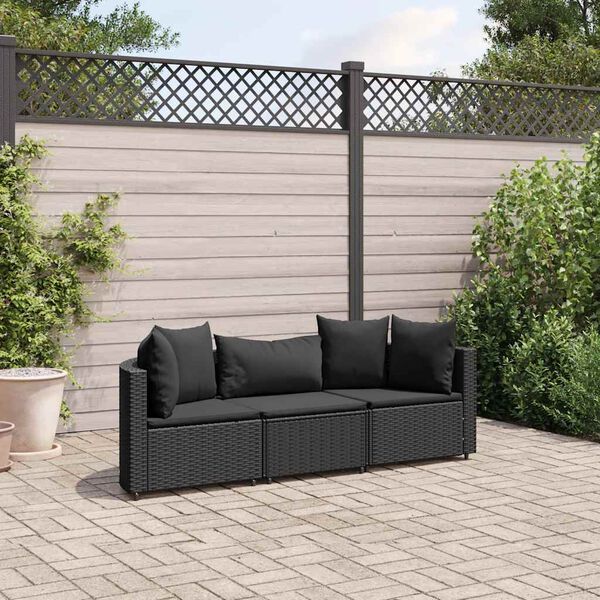 vidaXL Salon de jardin 3 pcs avec coussins noir r&eacute;sine tress&eacute;e