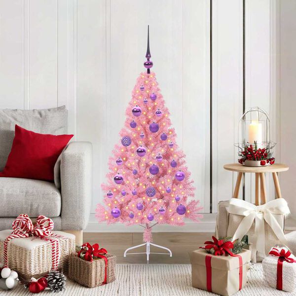 vidaXL Sapin de No&euml;l artificiel pr&eacute;-&eacute;clair&eacute; Rose 120 cm PVC