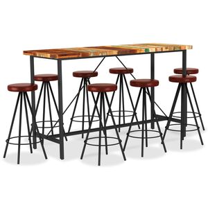 vidaXL Ensemble de bar 9 pcs Bois de r&eacute;cup&eacute;ration et cuir v&eacute;ritable