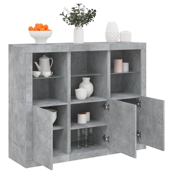 vidaXL Buffets avec lumi&egrave;res LED 3 pcs gris b&eacute;ton bois d'ing&eacute;nierie