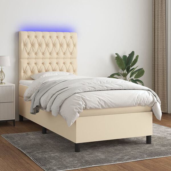 vidaXL Sommier &agrave; lattes de lit et matelas et LED Cr&egrave;me 90x200 cm Tissu