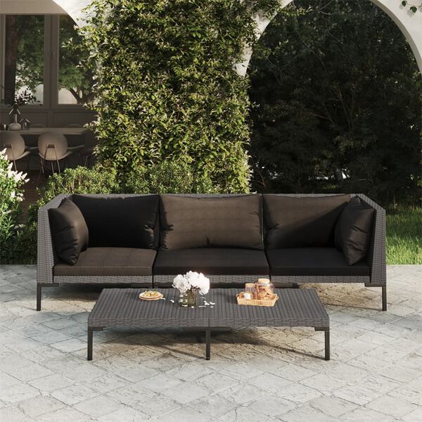 vidaXL Salon de jardin 4 pcs avec coussins Résine tressée Gris foncé