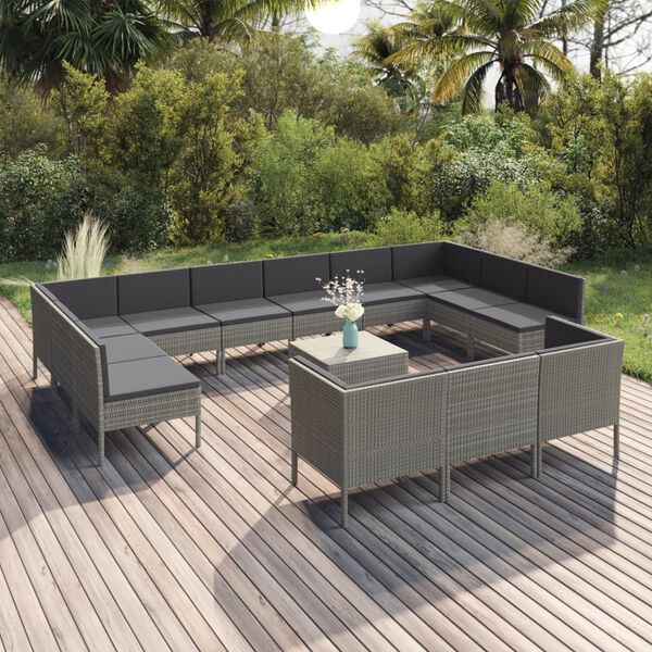 vidaXL Salon de jardin 14 pcs avec coussins Résine tressée Gris
