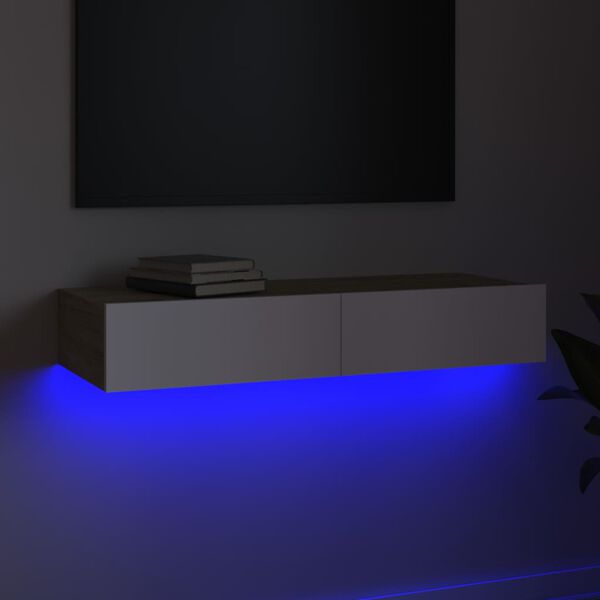 vidaXL Meuble TV avec lumières LED Blanc et chêne sonoma 90x35x15,5 cm