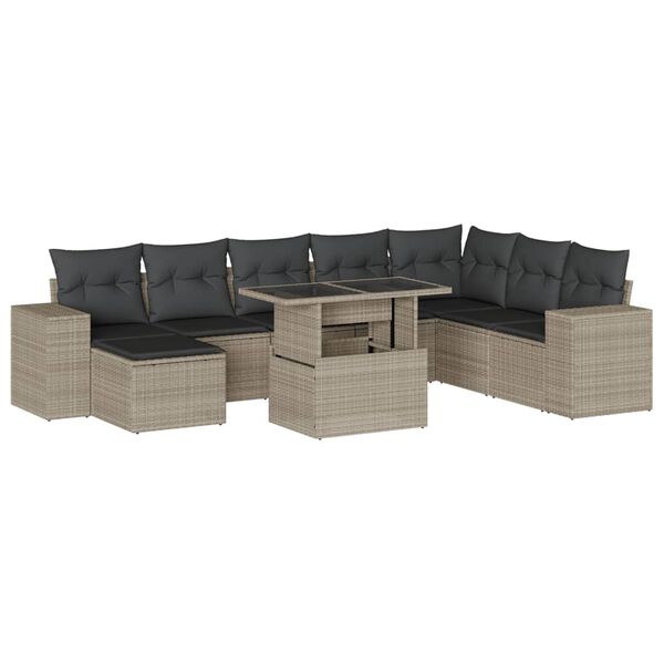 vidaXL Salon de jardin 9 pcs avec coussins gris clair r&eacute;sine tress&eacute;e