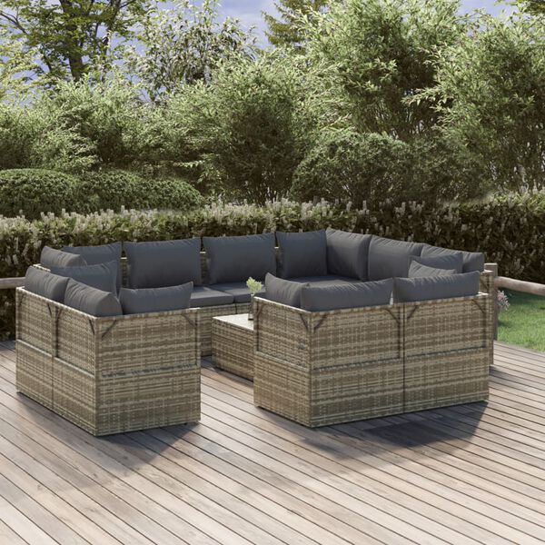 vidaXL Salon de jardin 12 pcs avec coussins Gris R&eacute;sine tress&eacute;e
